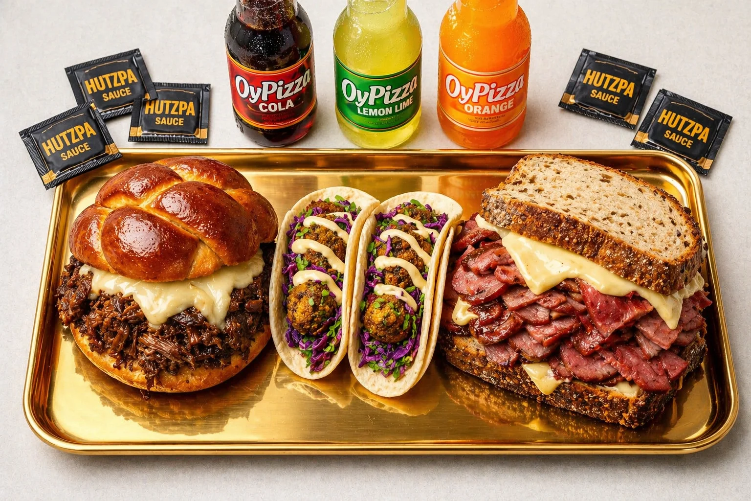 SababaYo food concept: a burger, tacos, a pastrami sandwich and drinks